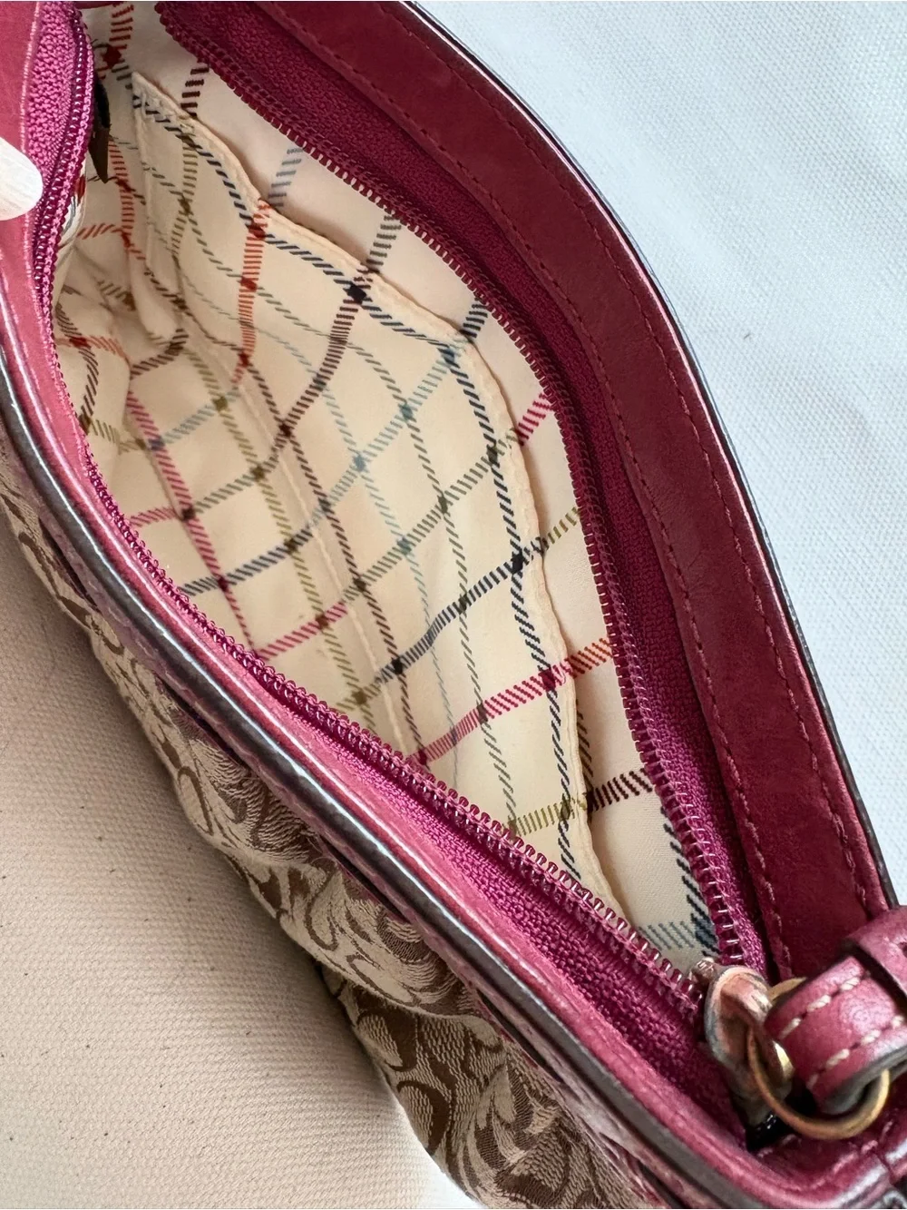 Coach Brown Signature Canvas Wristlet with Burgundy Trim